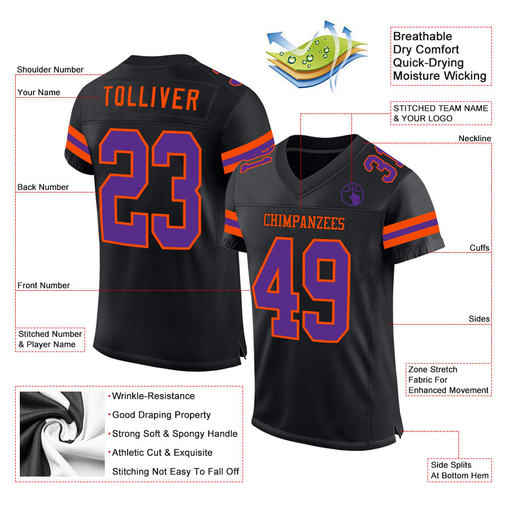 Custom Black Purple-Orange Mesh Authentic Football Jersey view 2