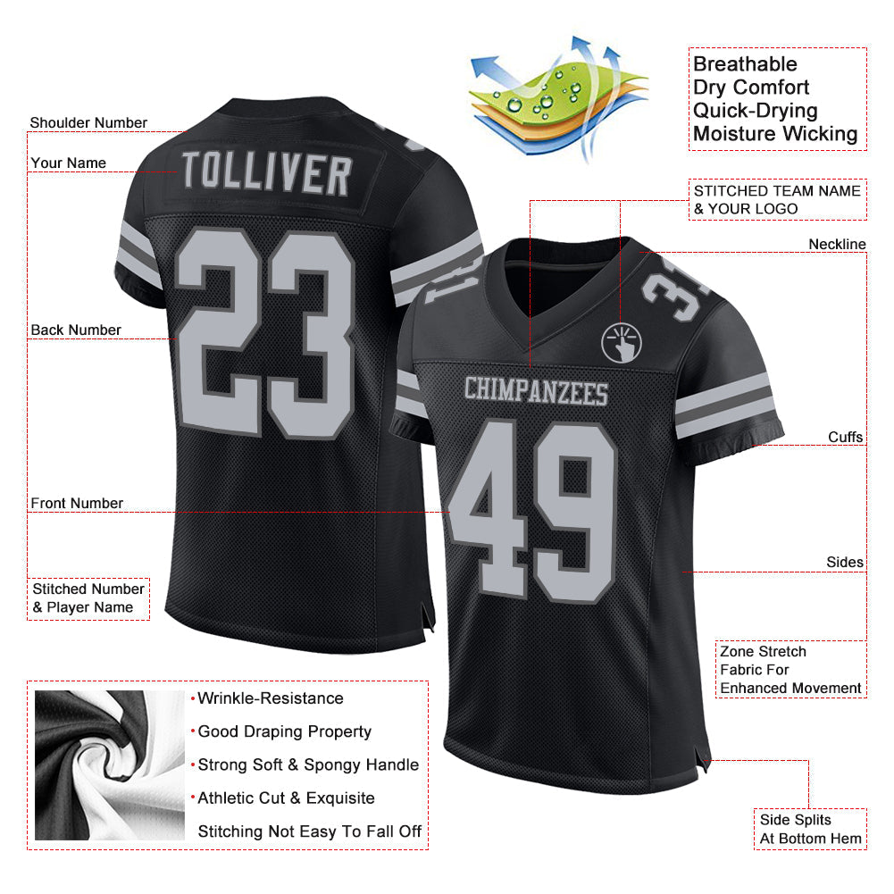 Custom Black Gray-Steel Gray Mesh Authentic Football Jersey view 2