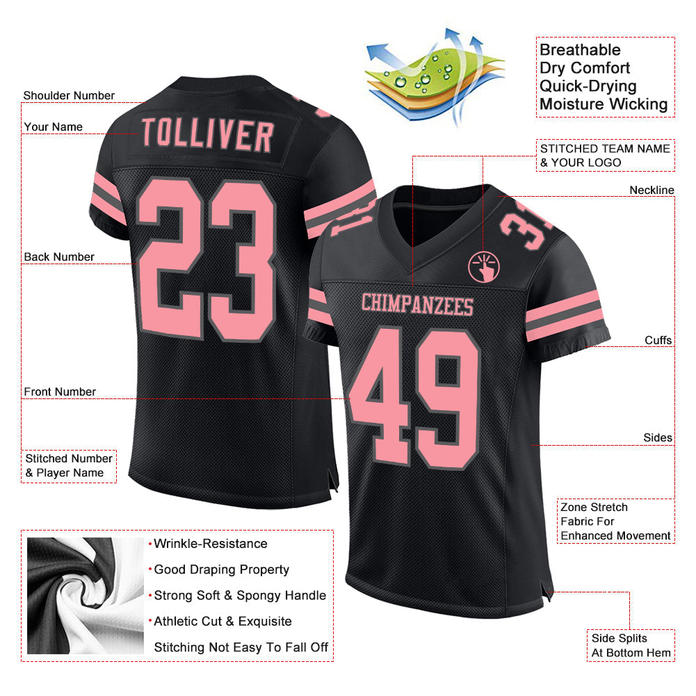 Custom Black Medium Pink-Steel Gray Mesh Authentic Football Jersey view 2