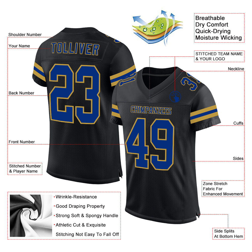 Custom Black Royal-Old Gold Mesh Authentic Football Jersey view 2