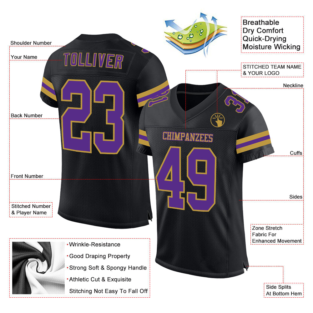Custom Black Purple-Old Gold Mesh Authentic Football Jersey view 2