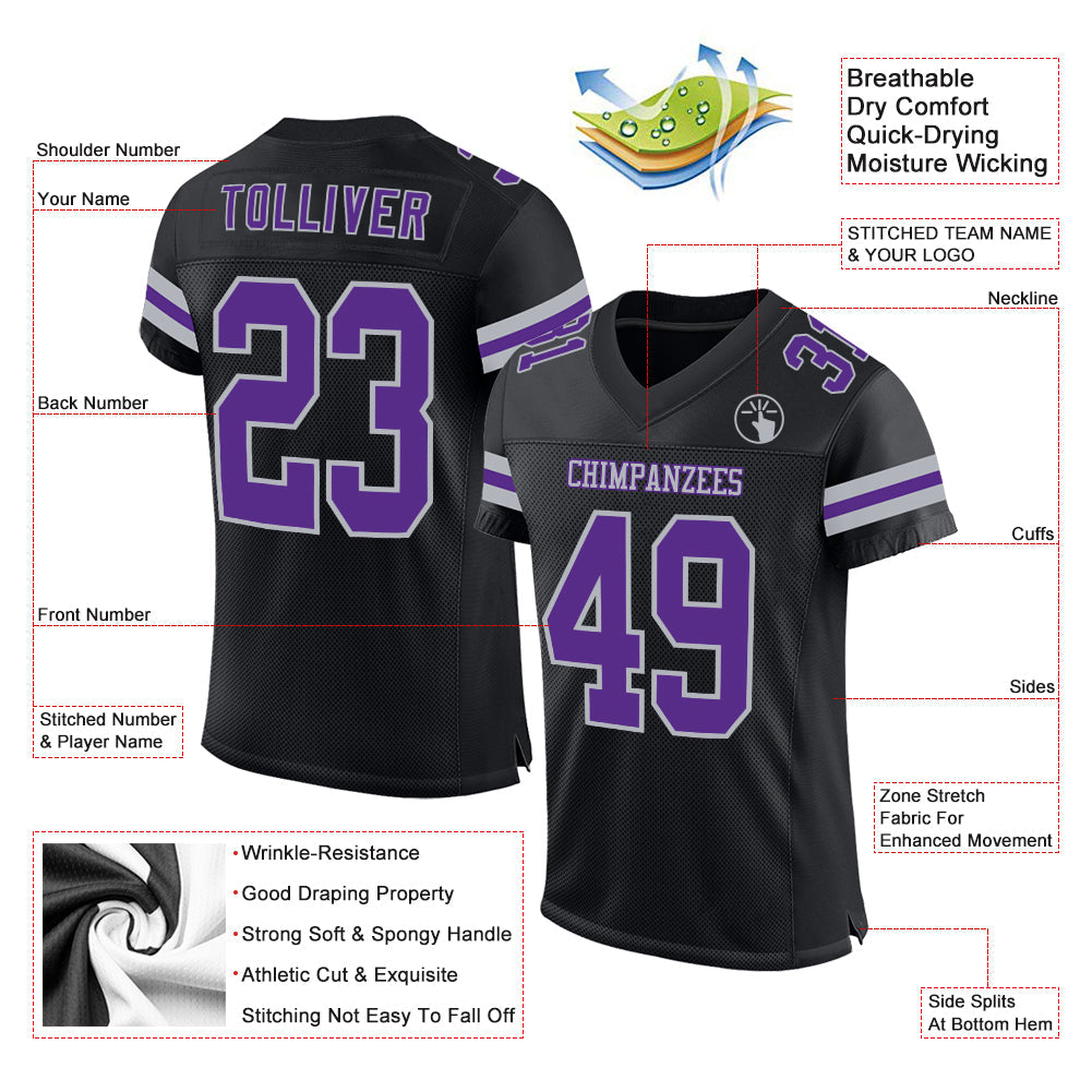Custom Black Purple-Gray Mesh Authentic Football Jersey view 2