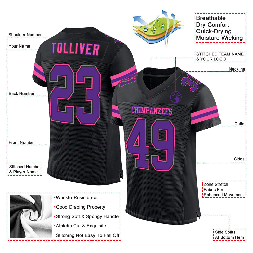 Custom Black Purple-Pink Mesh Authentic Football Jersey view 2