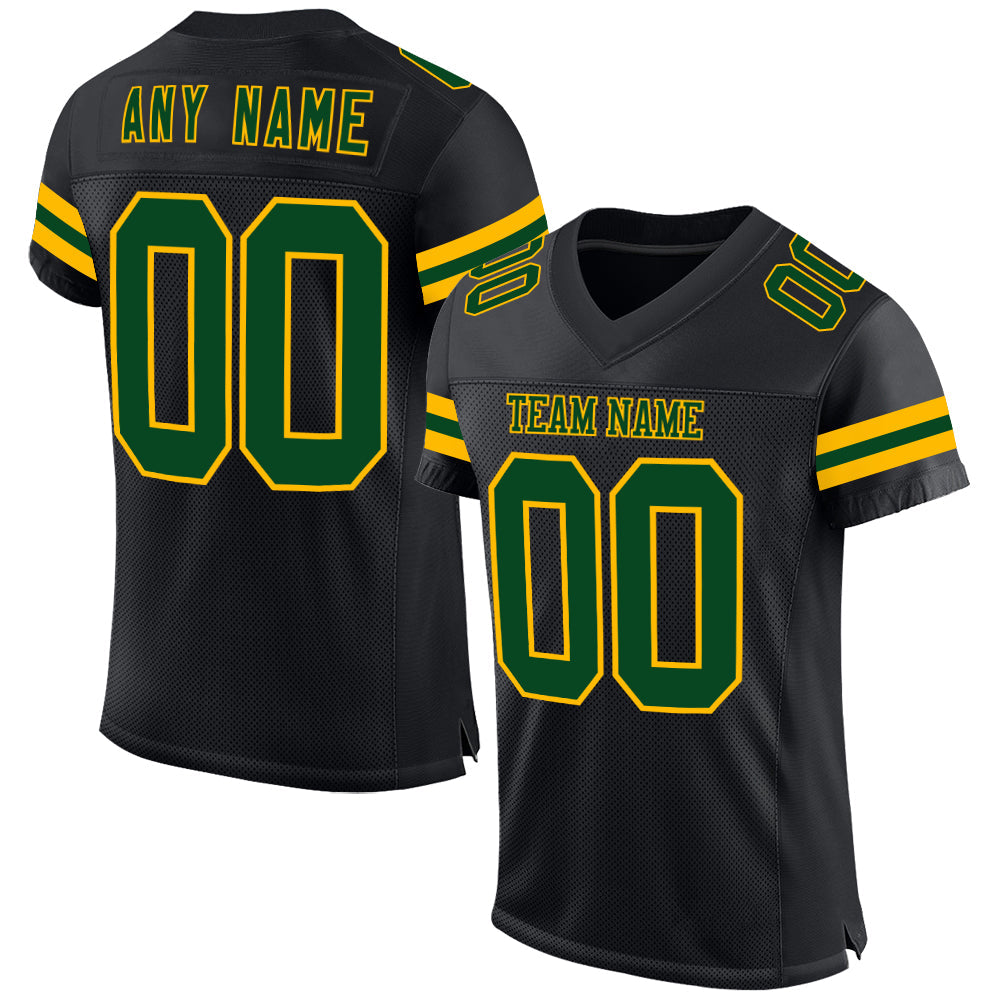 Custom Black Green-Gold Mesh Authentic Football Jersey - Main View