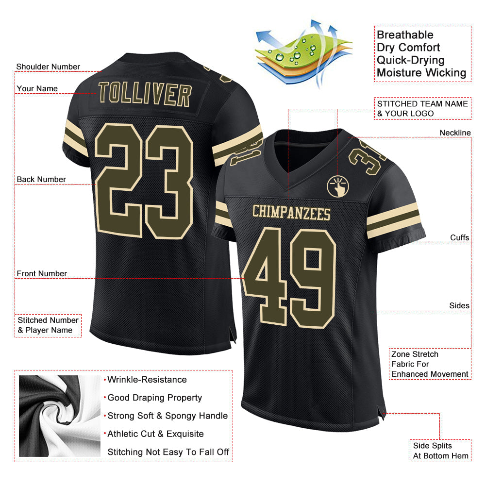 Custom Black Olive-Cream Mesh Authentic Football Jersey view 2