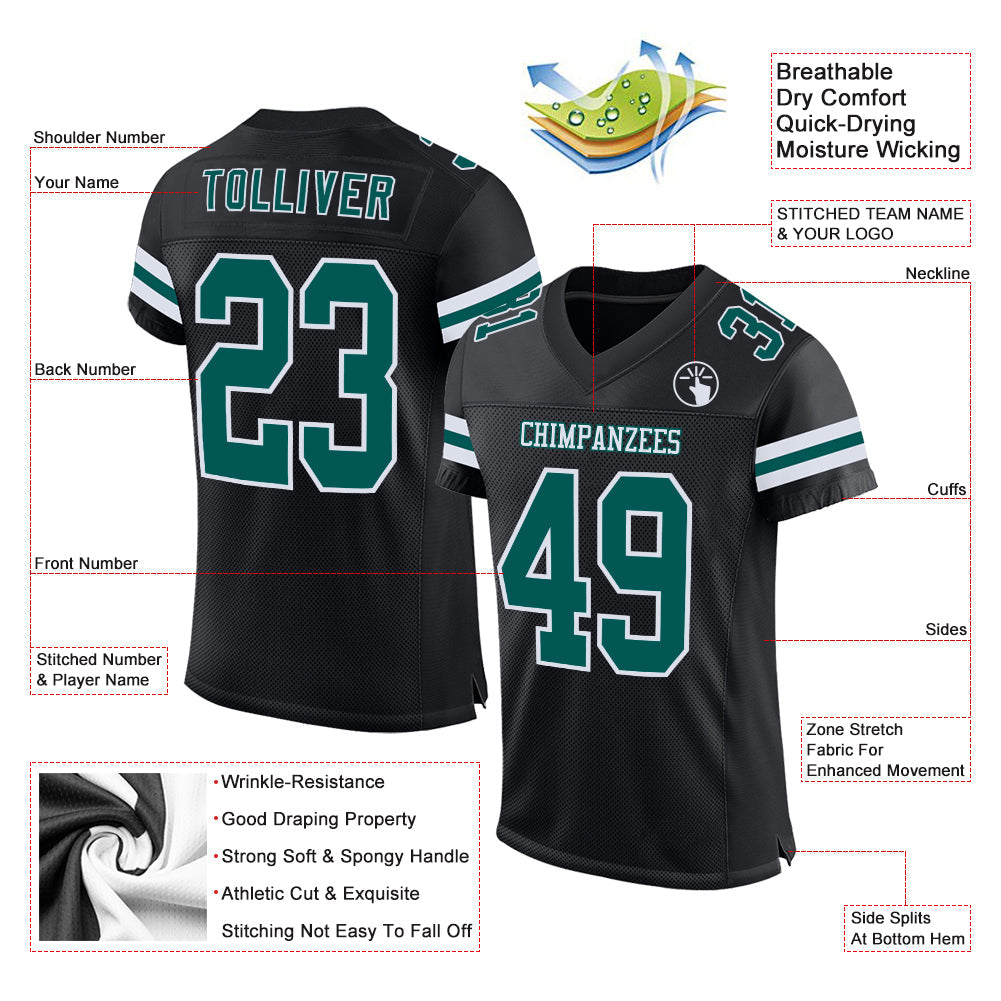 Custom Black Midnight Green-White Mesh Authentic Football Jersey view 2