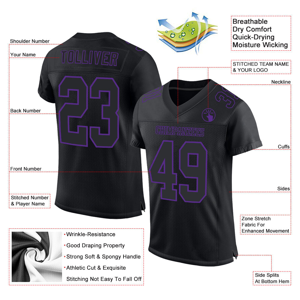 Custom Black Purple Mesh Authentic Football Jersey view 2