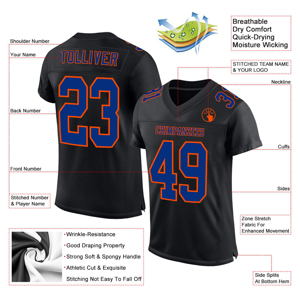 Custom Black Royal-Orange Mesh Authentic Football Jersey view 2