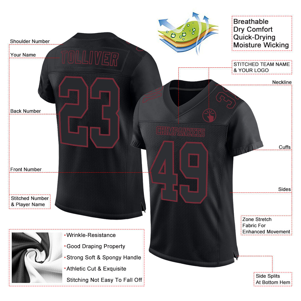Custom Black Burgundy Mesh Authentic Football Jersey view 2