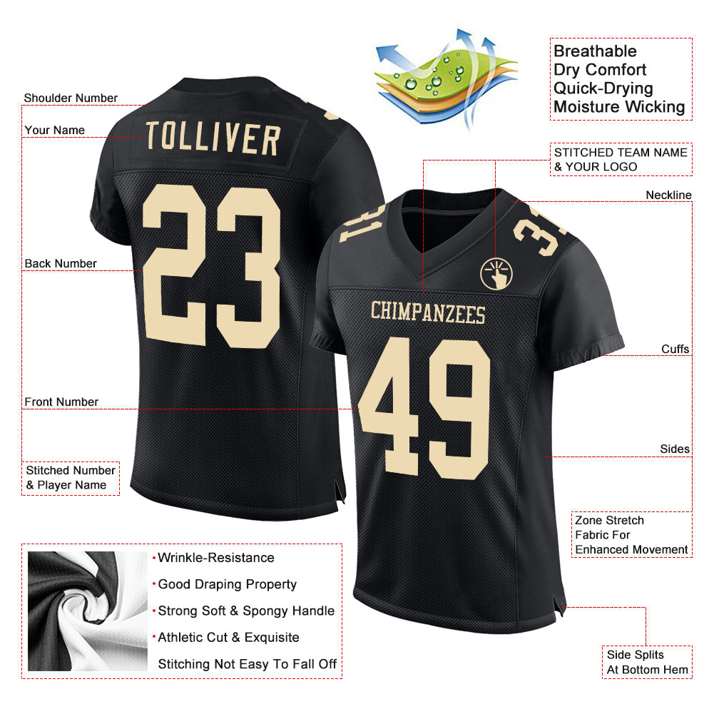 Custom Black Cream Mesh Authentic Football Jersey view 2