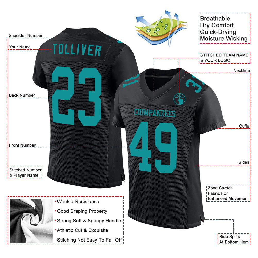 Custom Black Teal Mesh Authentic Football Jersey view 2