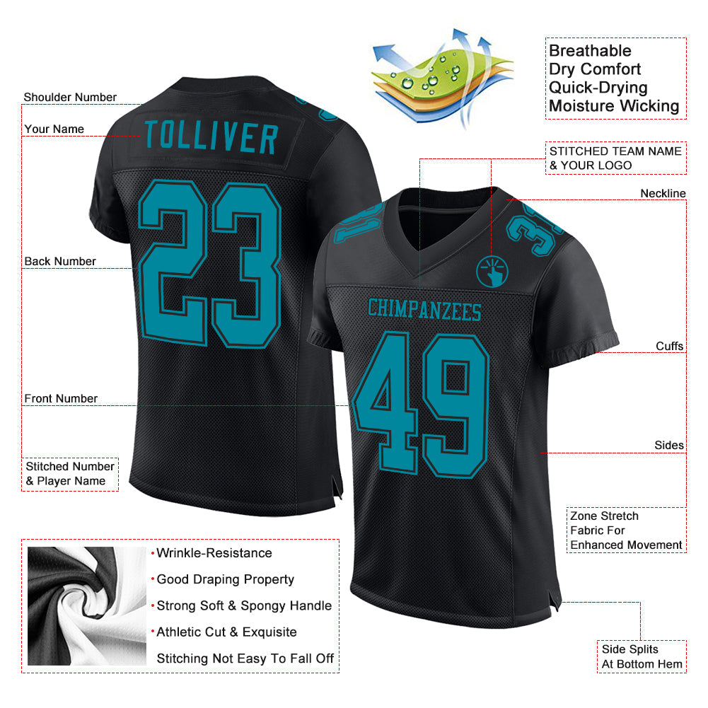 Custom Black Teal Mesh Authentic Football Jersey view 2