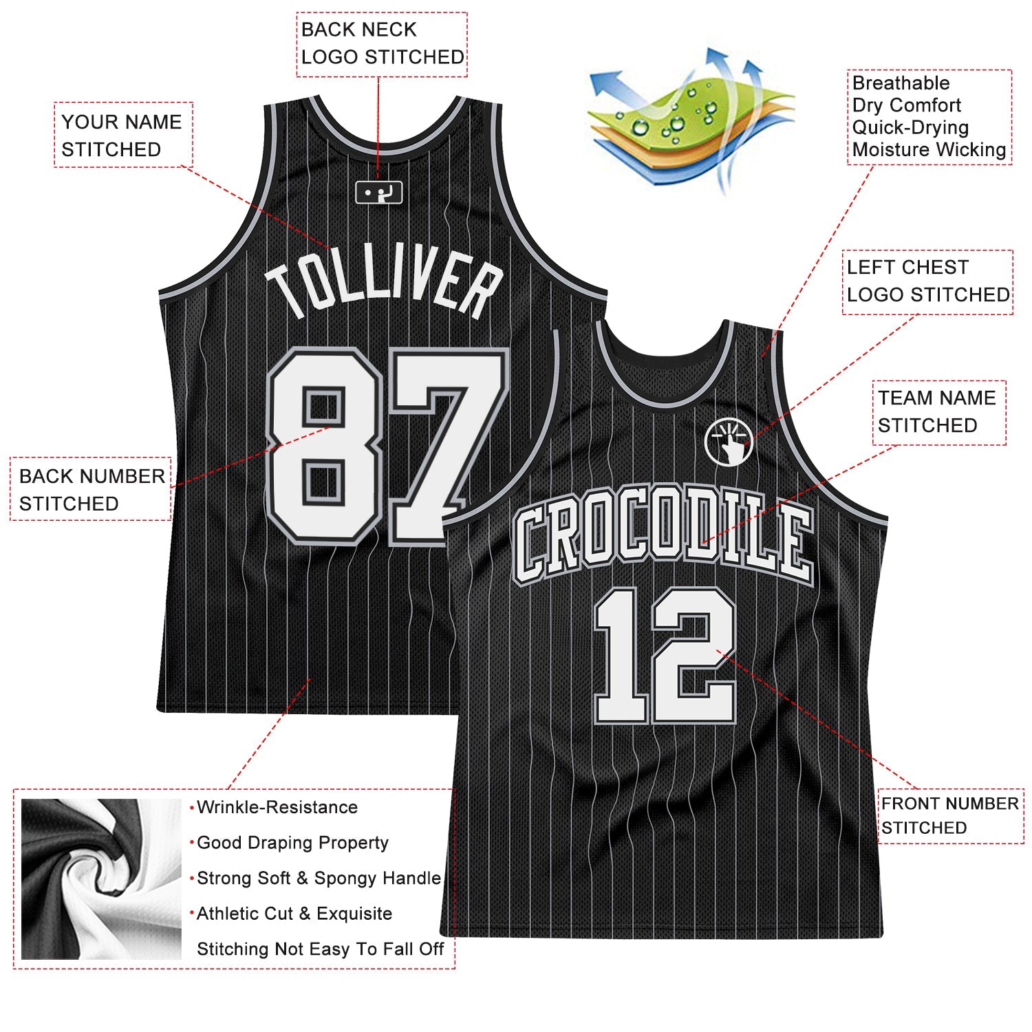 Custom Black Gray Pinstripe White Authentic Basketball Jersey view 2
