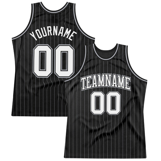 Custom Black Gray Pinstripe White Authentic Basketball Jersey - Main View
