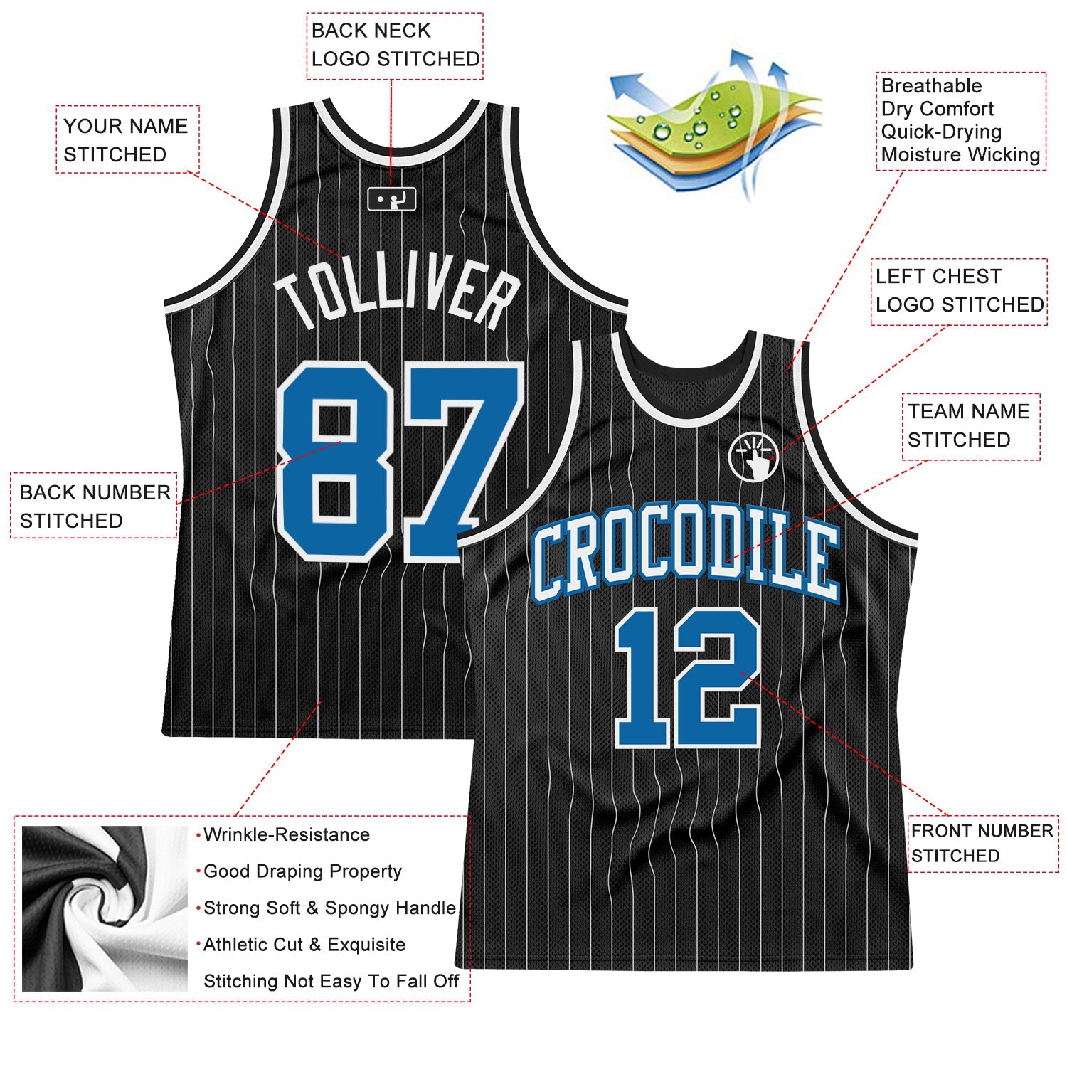 Custom Black White Pinstripe Blue Authentic Basketball Jersey view 2