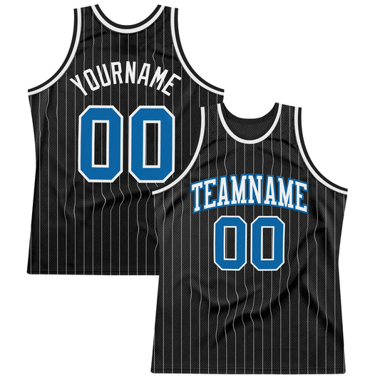 Custom Black White Pinstripe Blue Authentic Basketball Jersey - Main View