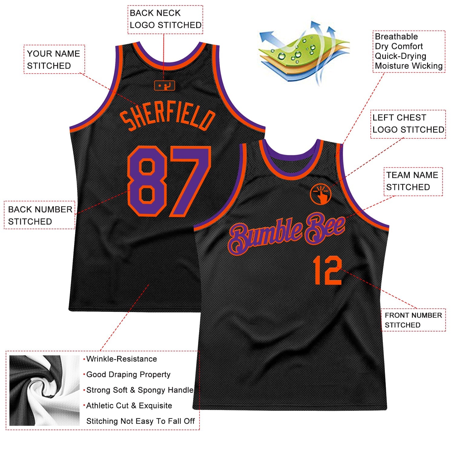 Custom Black Purple-Orange Authentic Throwback Basketball Jersey view 2