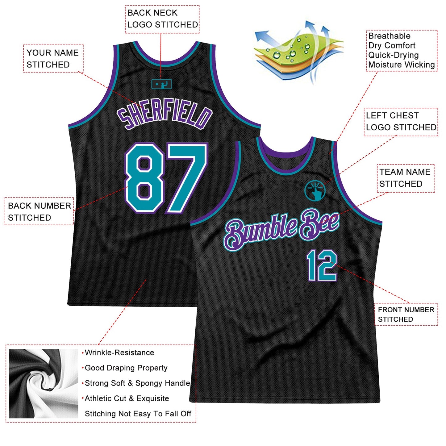 Custom Black Teal-Purple Authentic Throwback Basketball Jersey view 2