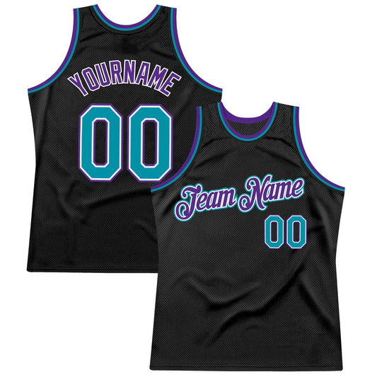 Custom Black Teal-Purple Authentic Throwback Basketball Jersey - Main View