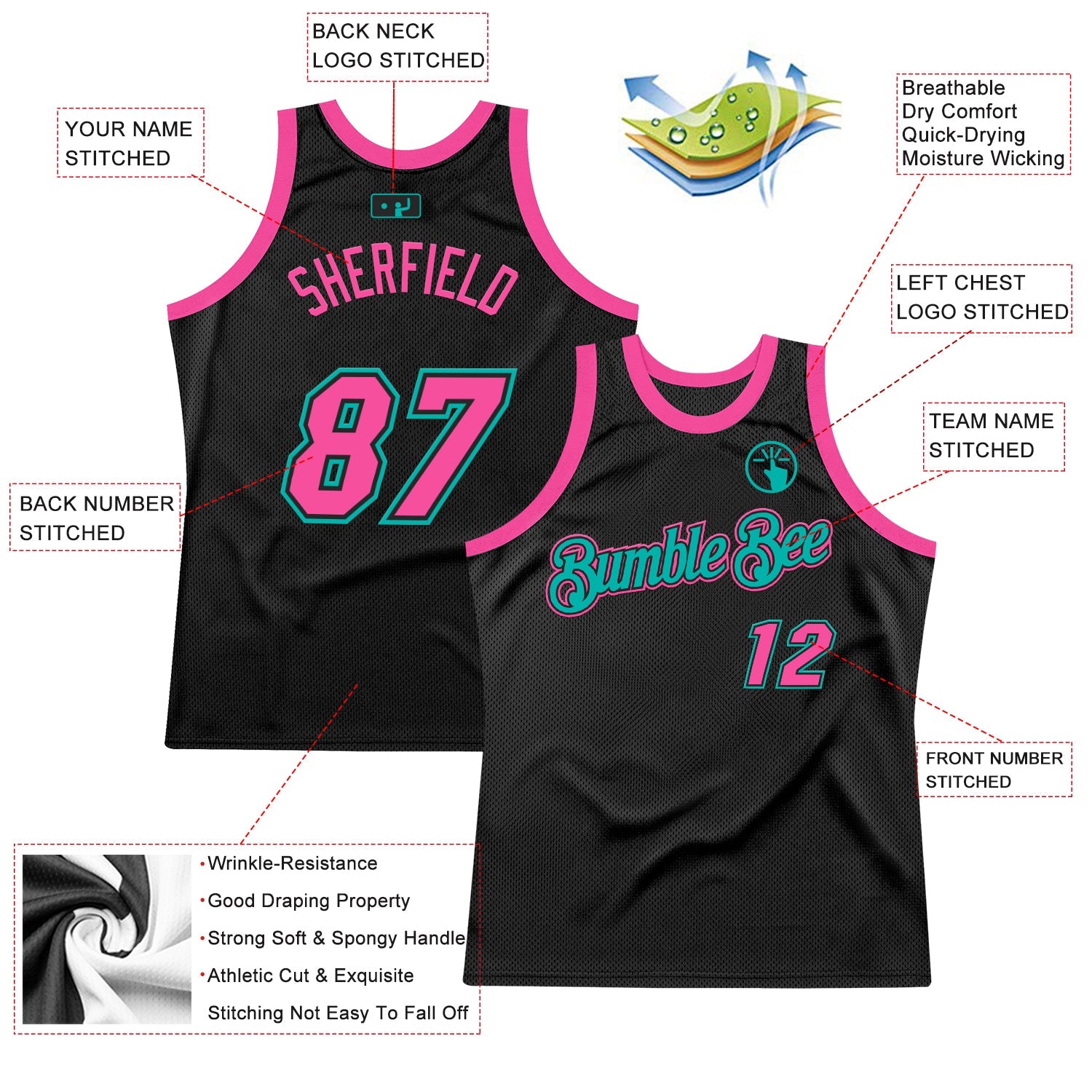 Custom Black Pink-Aqua Authentic Throwback Basketball Jersey view 2