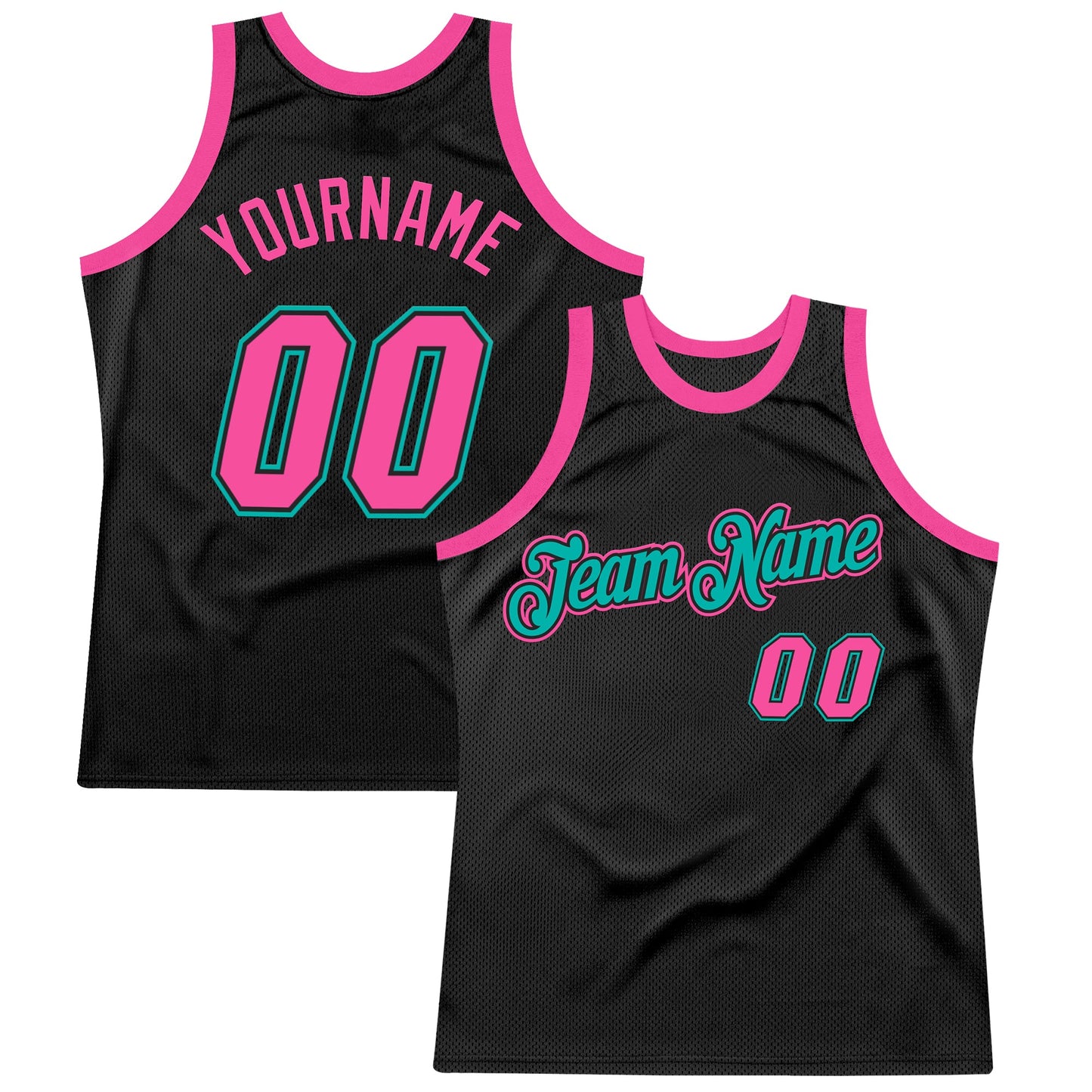 Custom Black Pink-Aqua Authentic Throwback Basketball Jersey - Main View