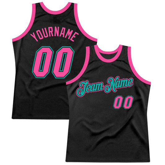 Custom Black Pink-Aqua Authentic Throwback Basketball Jersey - Main View