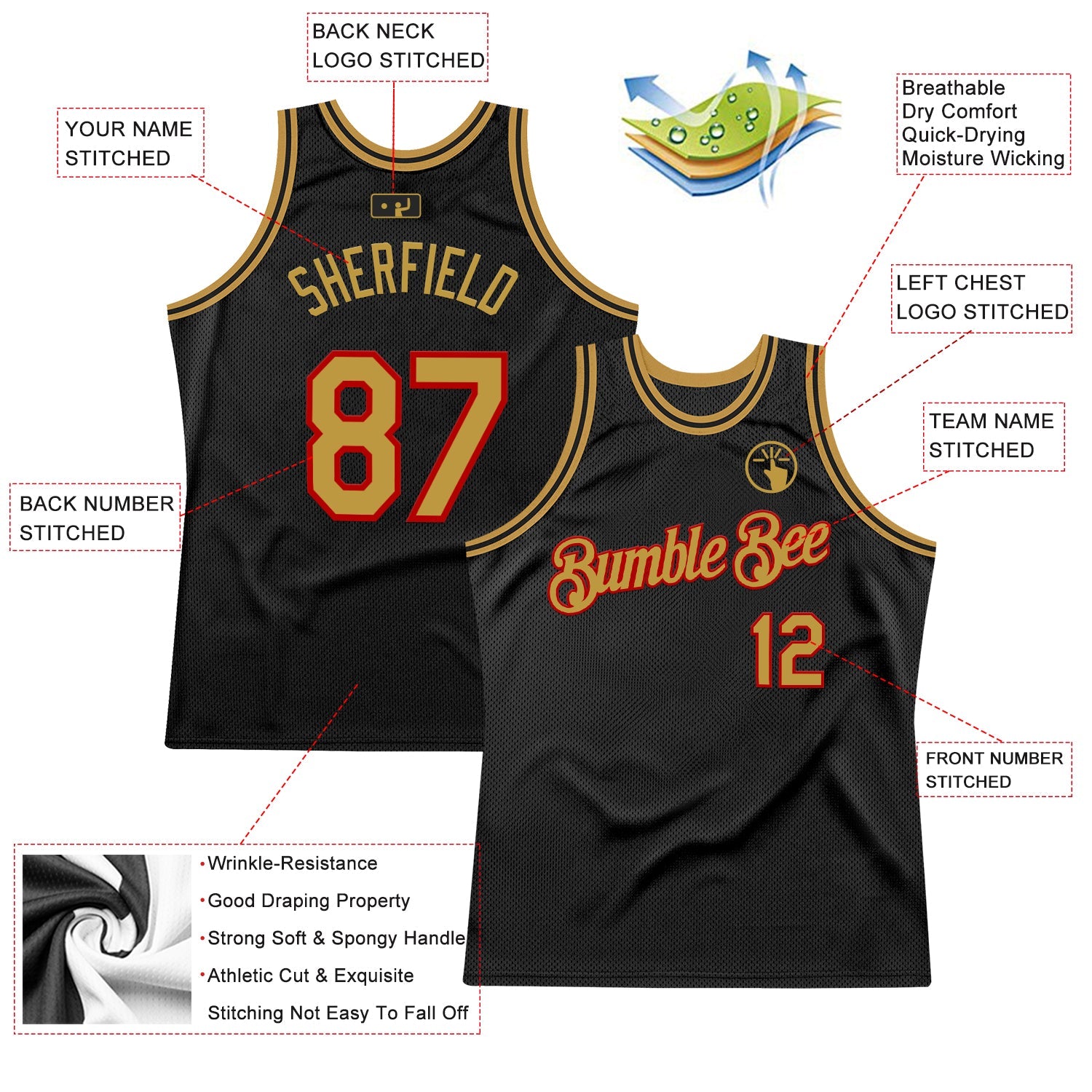 Custom Black Old Gold-Red Authentic Throwback Basketball Jersey view 2
