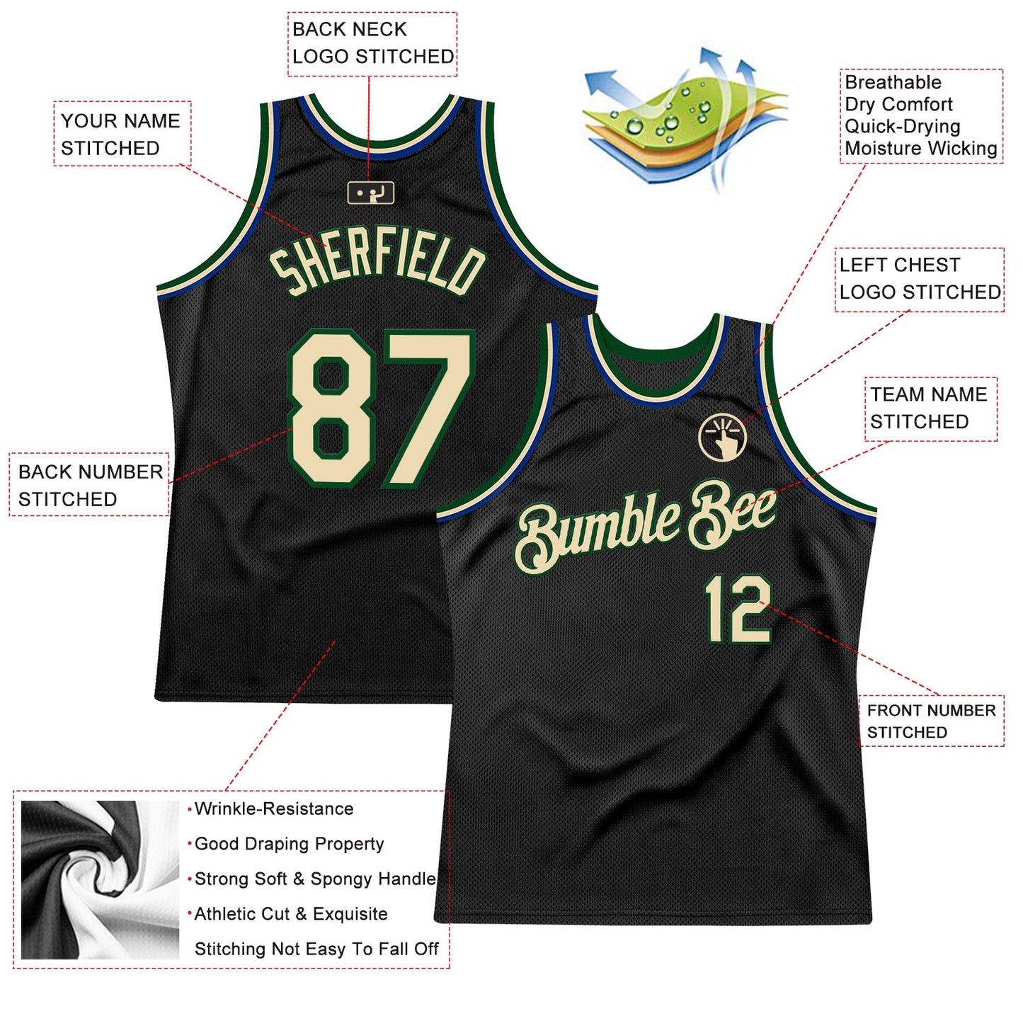 Custom Black Cream Green-Royal Authentic Throwback Basketball Jersey view 2