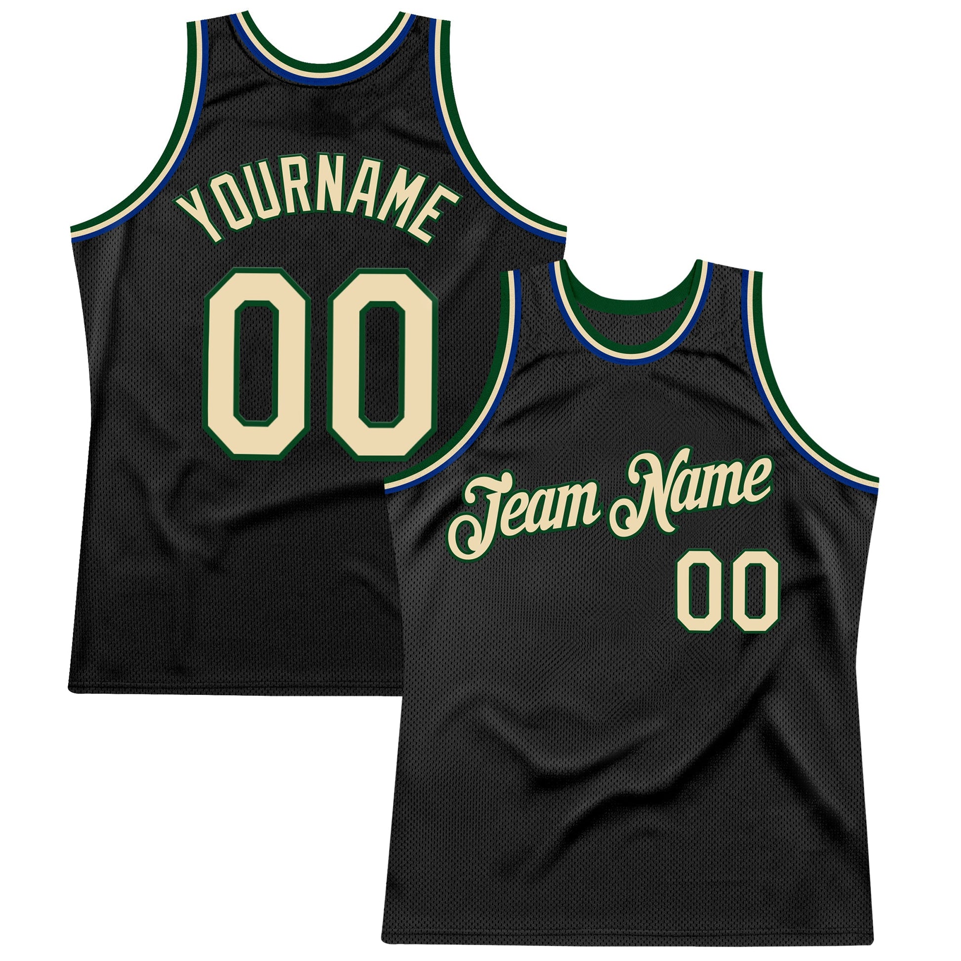 Custom Black Cream Green-Royal Authentic Throwback Basketball Jersey - Main View