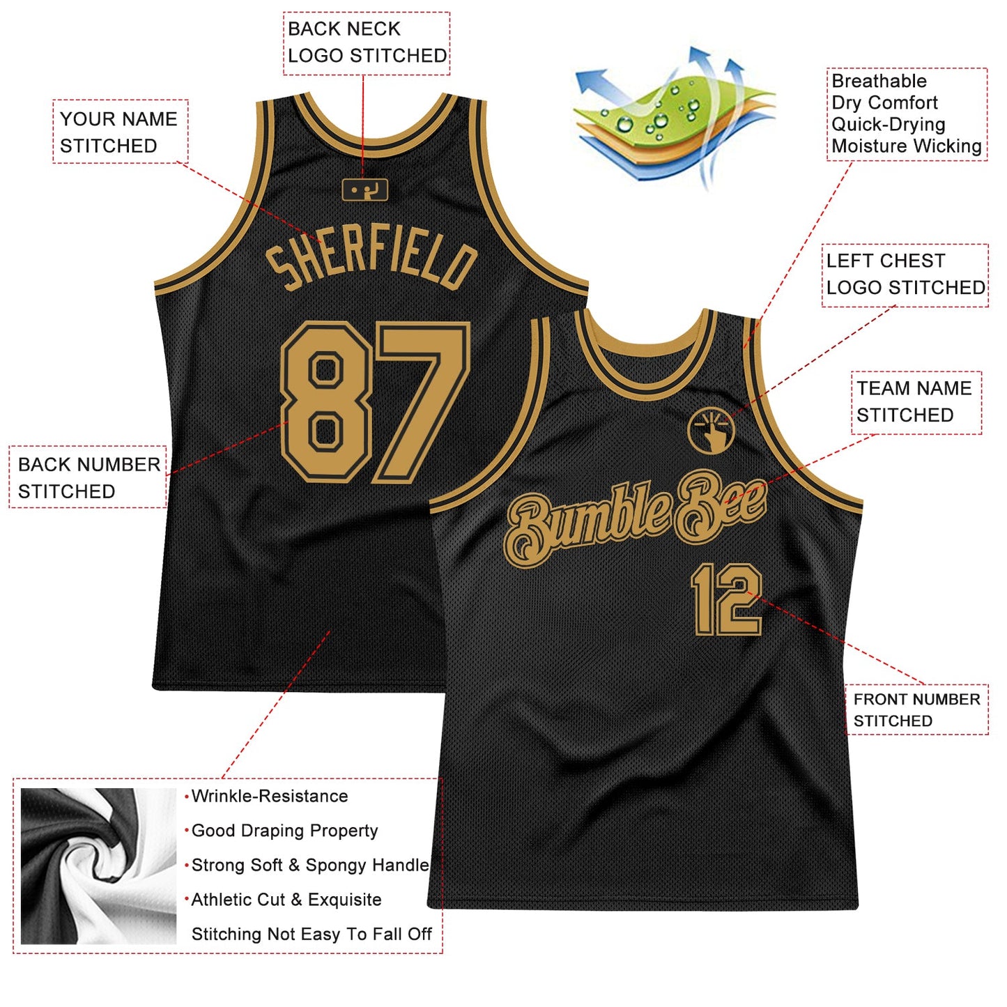 Custom Black Old Gold Authentic Throwback Basketball Jersey view 2