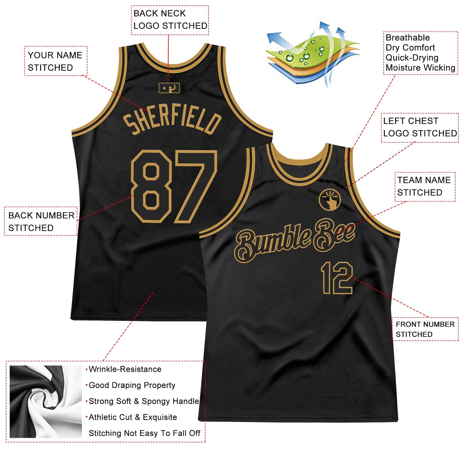 Custom Black Old Gold Authentic Throwback Basketball Jersey view 2