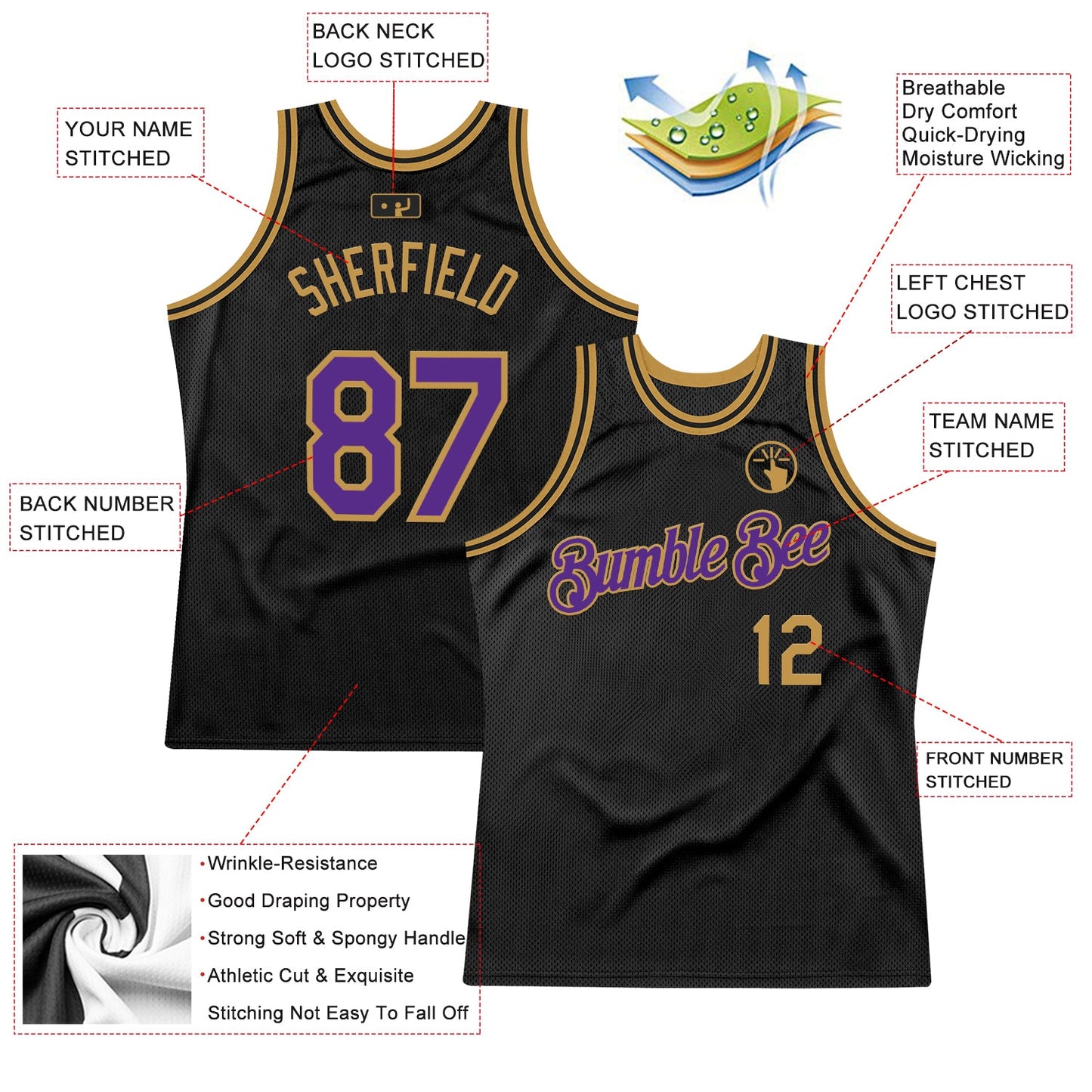 Custom Black Purple-Old Gold Authentic Throwback Basketball Jersey view 2