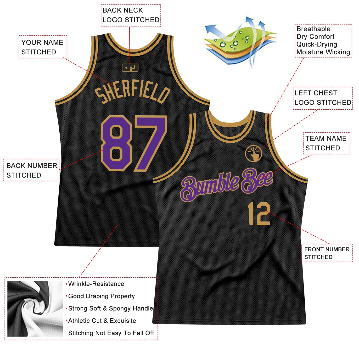 Custom Black Purple-Old Gold Authentic Throwback Basketball Jersey view 2