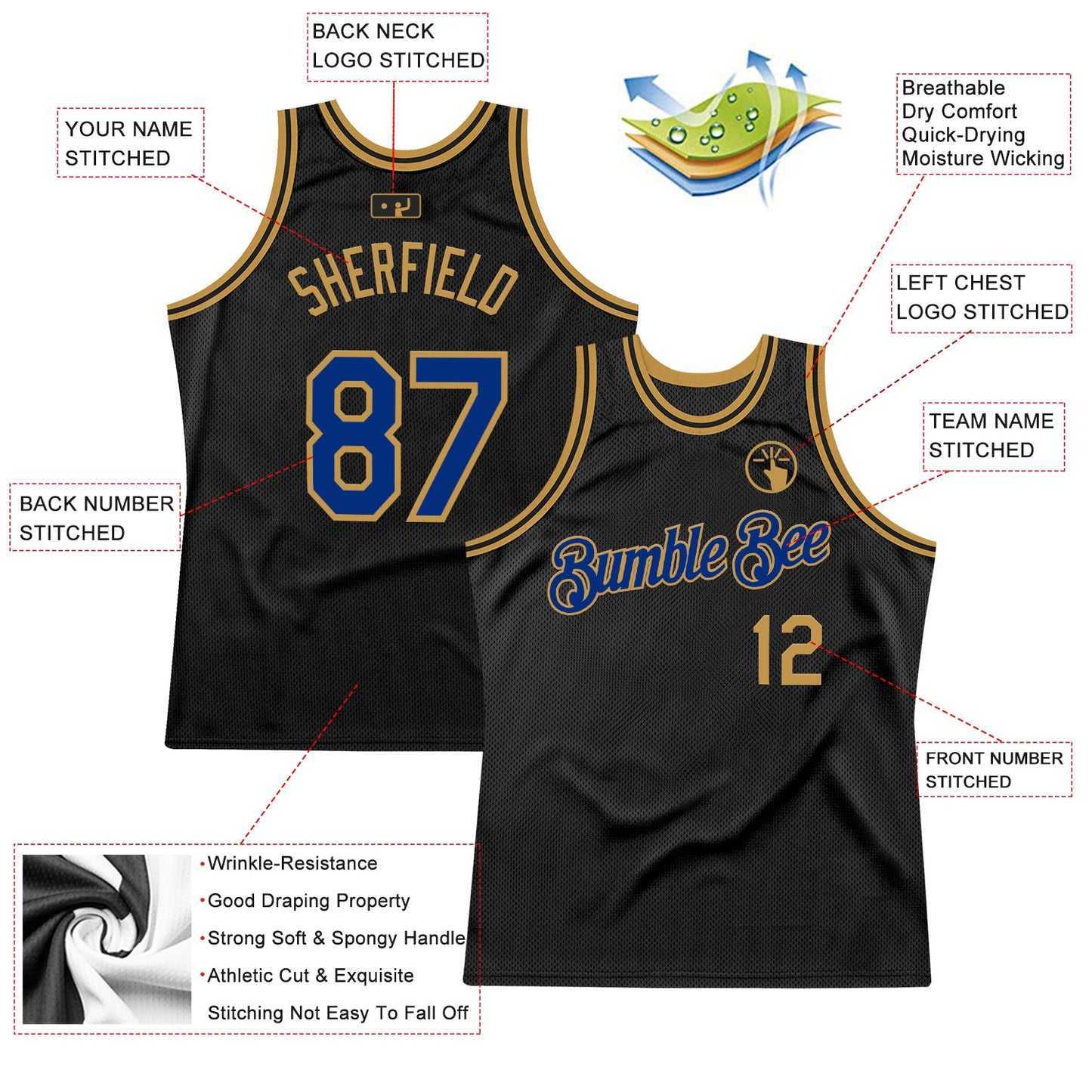 Custom Black Royal-Old Gold Authentic Throwback Basketball Jersey view 2
