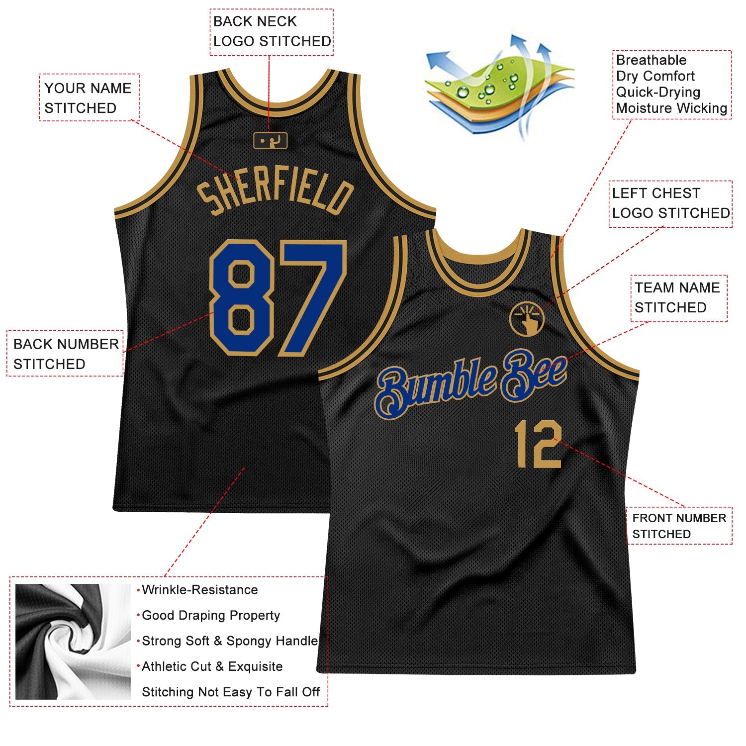 Custom Black Royal-Old Gold Authentic Throwback Basketball Jersey view 2