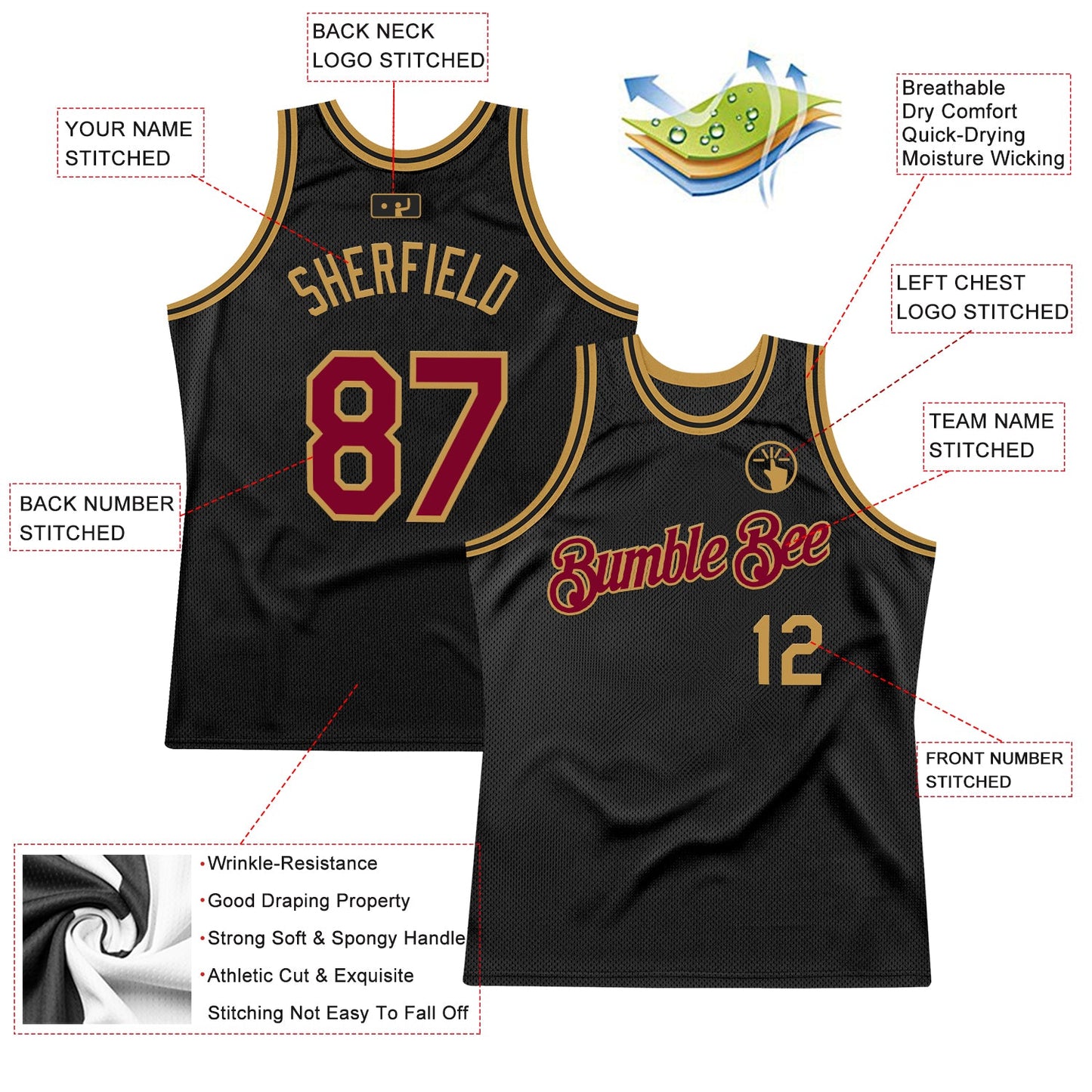 Custom Black Maroon-Old Gold Authentic Throwback Basketball Jersey view 2