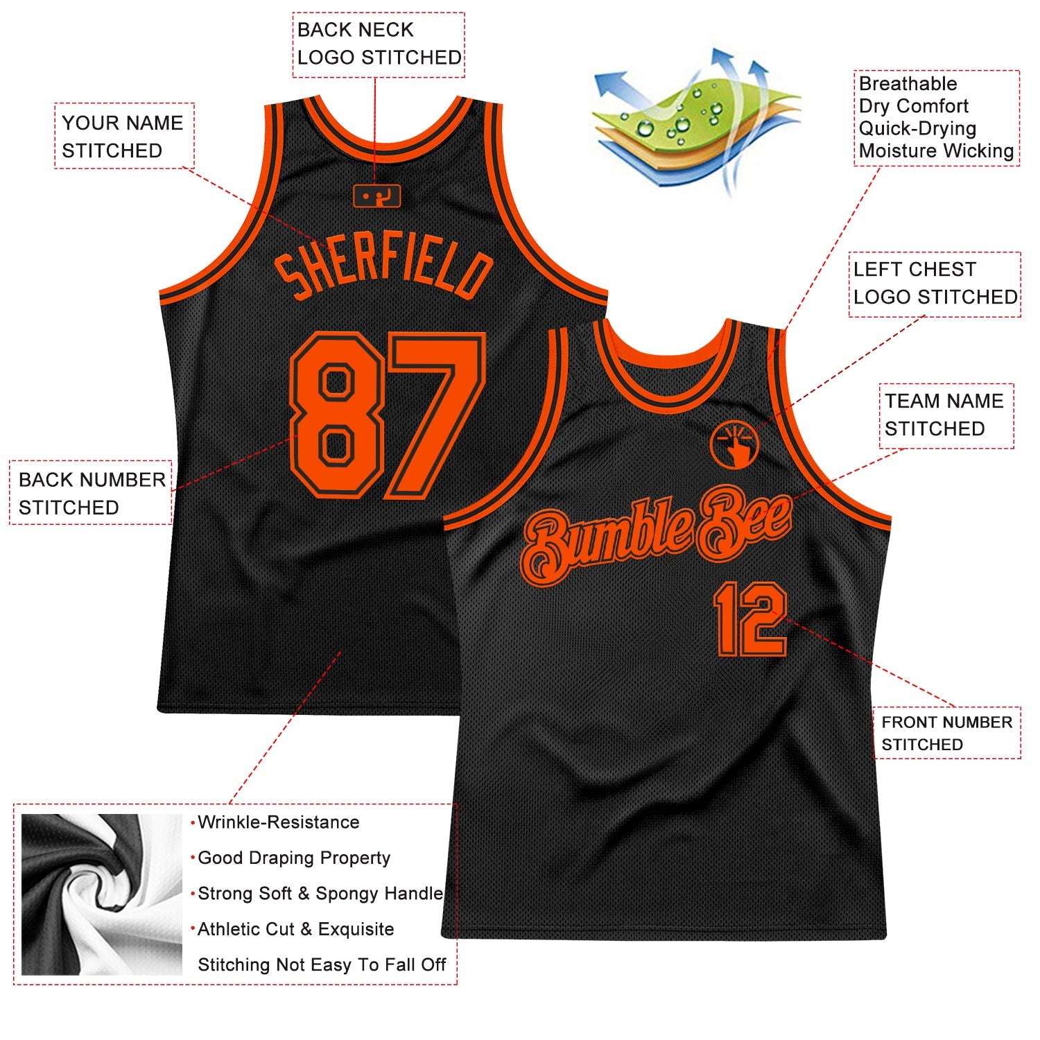 Custom Black Orange Authentic Throwback Basketball Jersey view 2