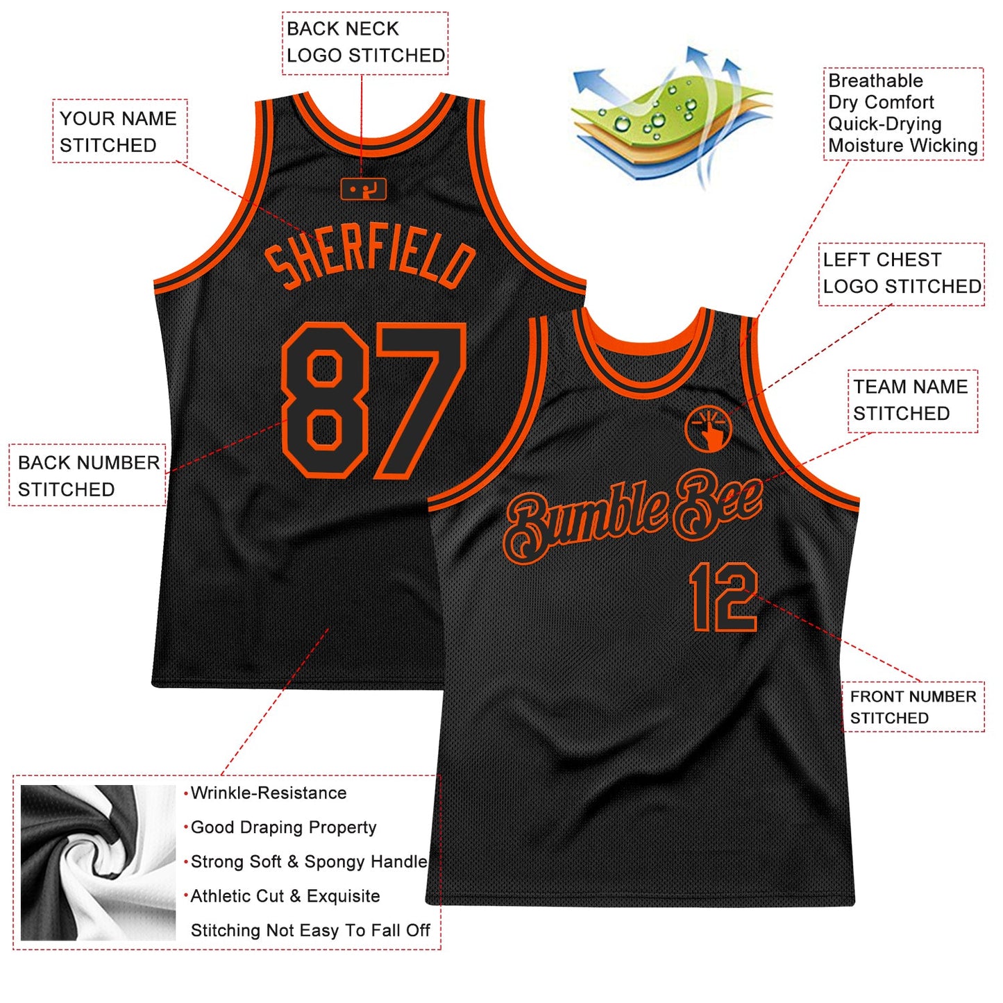Custom Black Orange Authentic Throwback Basketball Jersey view 2