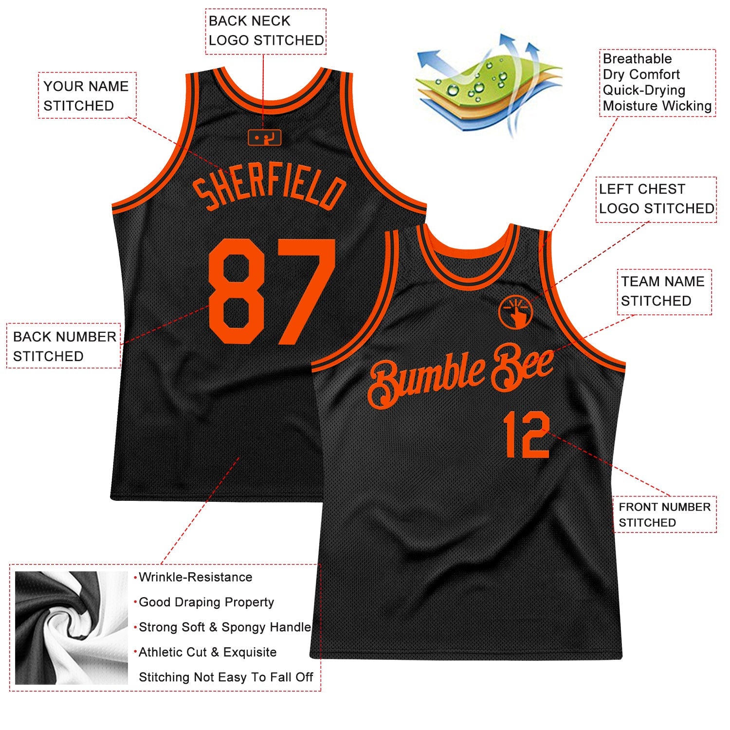 Custom Black Orange Authentic Throwback Basketball Jersey view 2