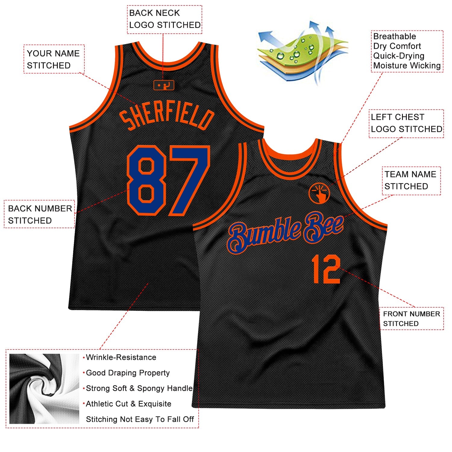 Custom Black Royal-Orange Authentic Throwback Basketball Jersey view 2