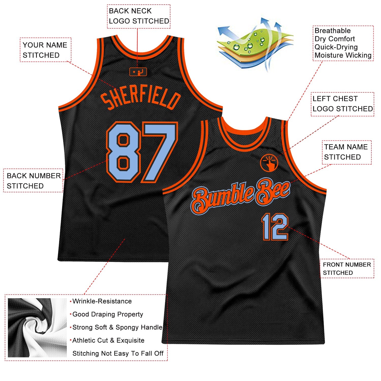 Custom Black Light Blue-Orange Authentic Throwback Basketball Jersey view 2