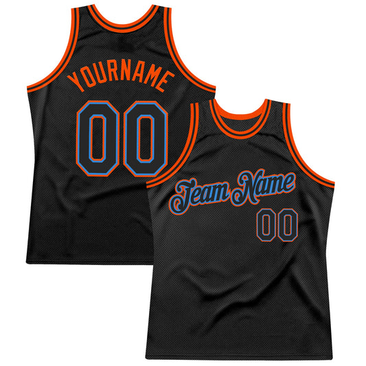 Custom Black Powder Blue-Orange Authentic Throwback Basketball Jersey - Main View