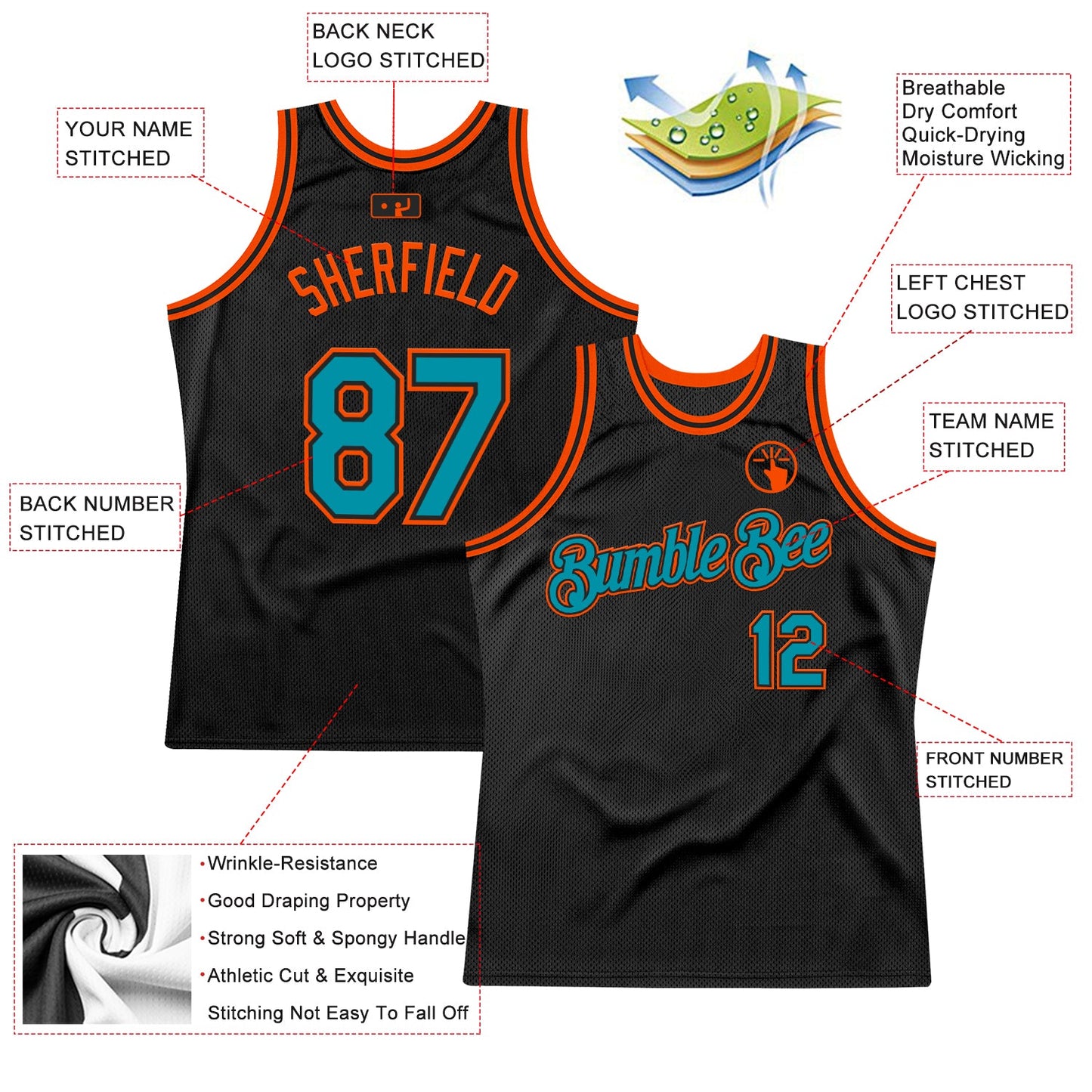 Custom Black Teal-Orange Authentic Throwback Basketball Jersey view 2