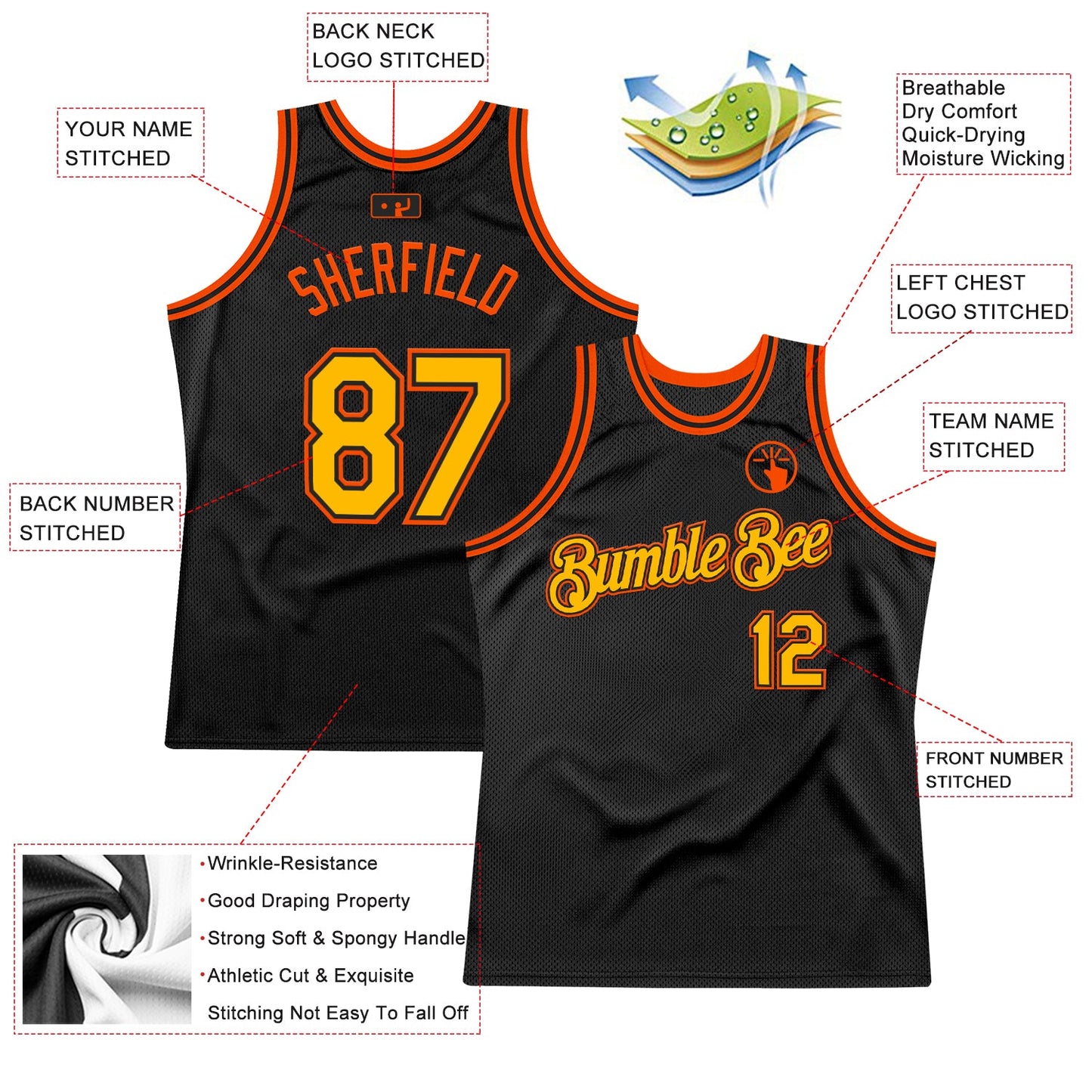 Custom Black Gold-Orange Authentic Throwback Basketball Jersey view 2