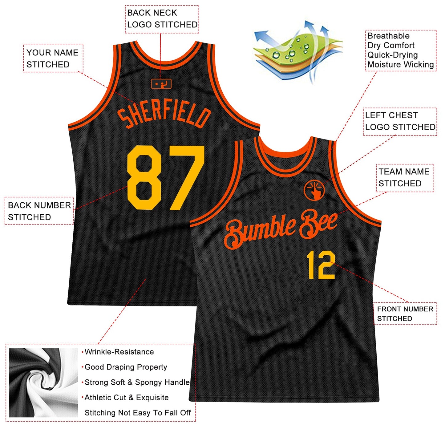 Custom Black Gold-Orange Authentic Throwback Basketball Jersey view 2