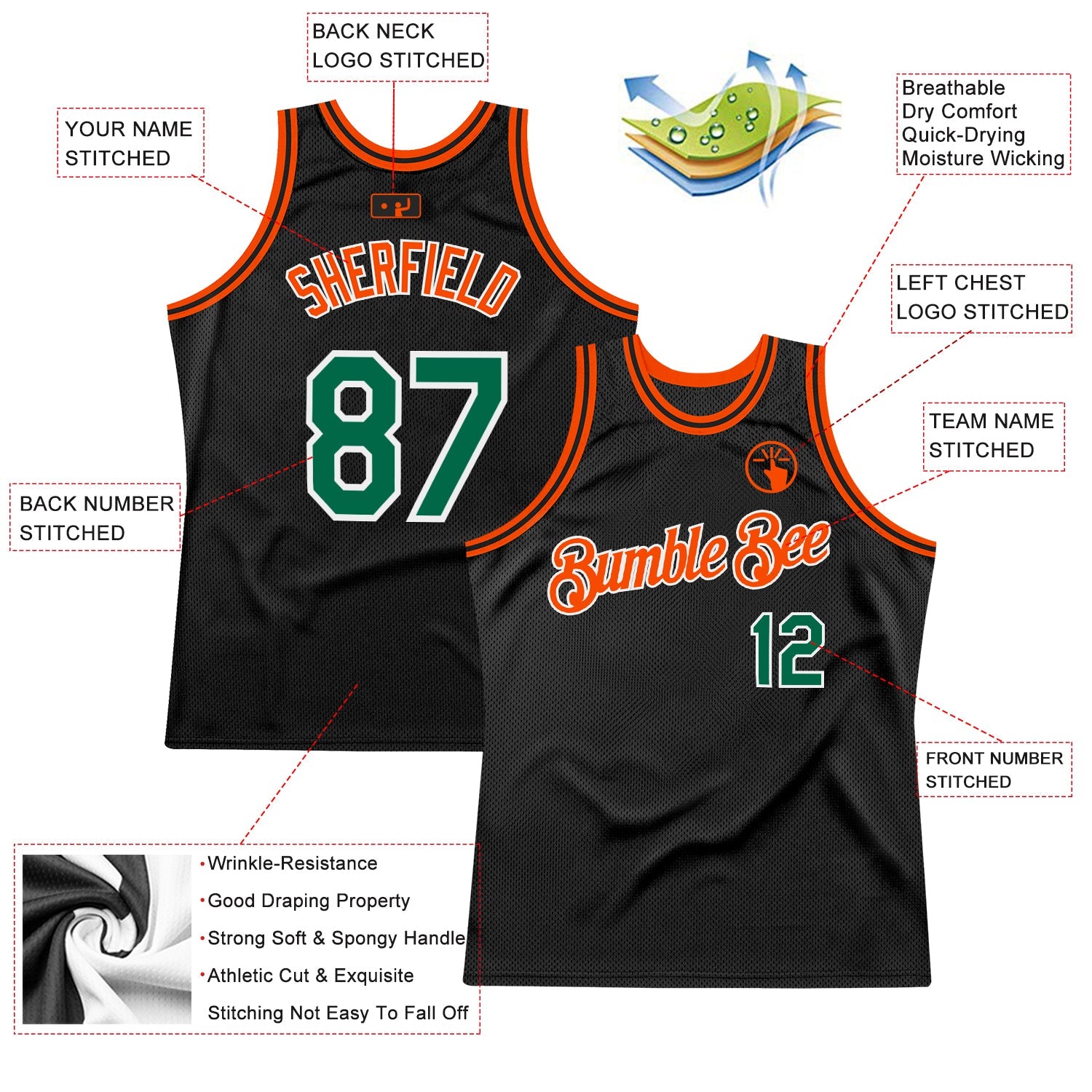 Custom Black Kelly Green-Orange Authentic Throwback Basketball Jersey view 2