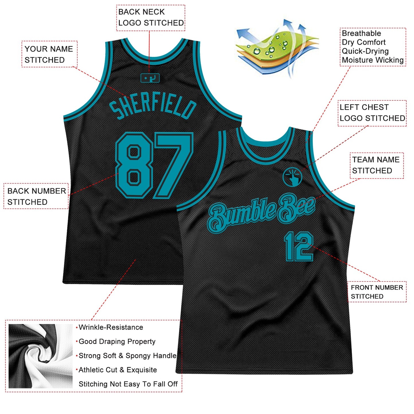 Custom Black Teal Authentic Throwback Basketball Jersey view 2