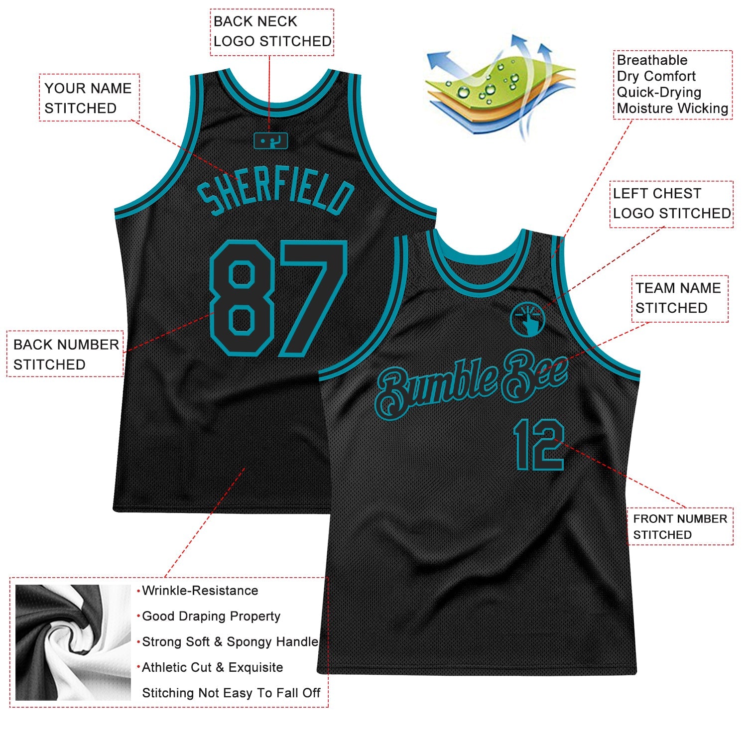 Custom Black Teal Authentic Throwback Basketball Jersey view 2