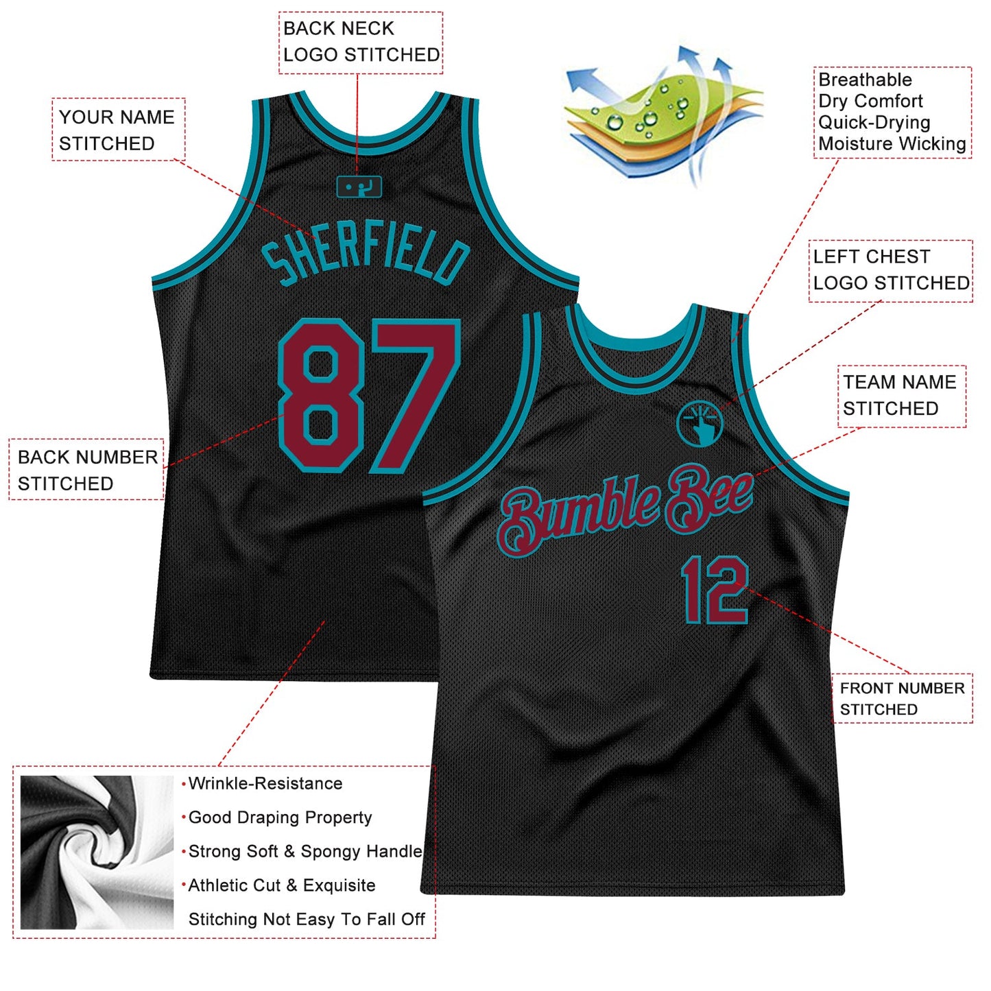 Custom Black Crimson-Teal Authentic Throwback Basketball Jersey view 2