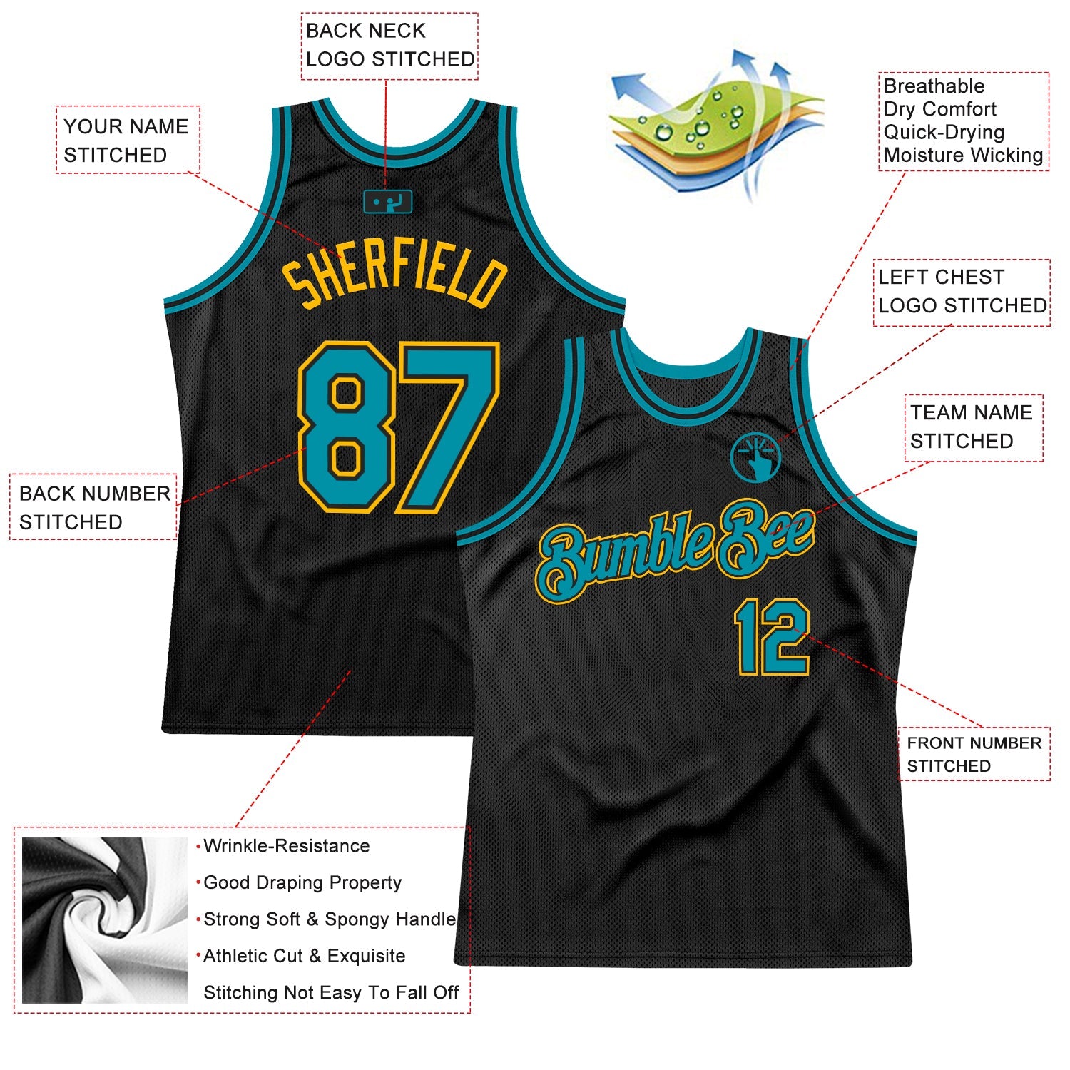 Custom Black Teal-Gold Authentic Throwback Basketball Jersey view 2